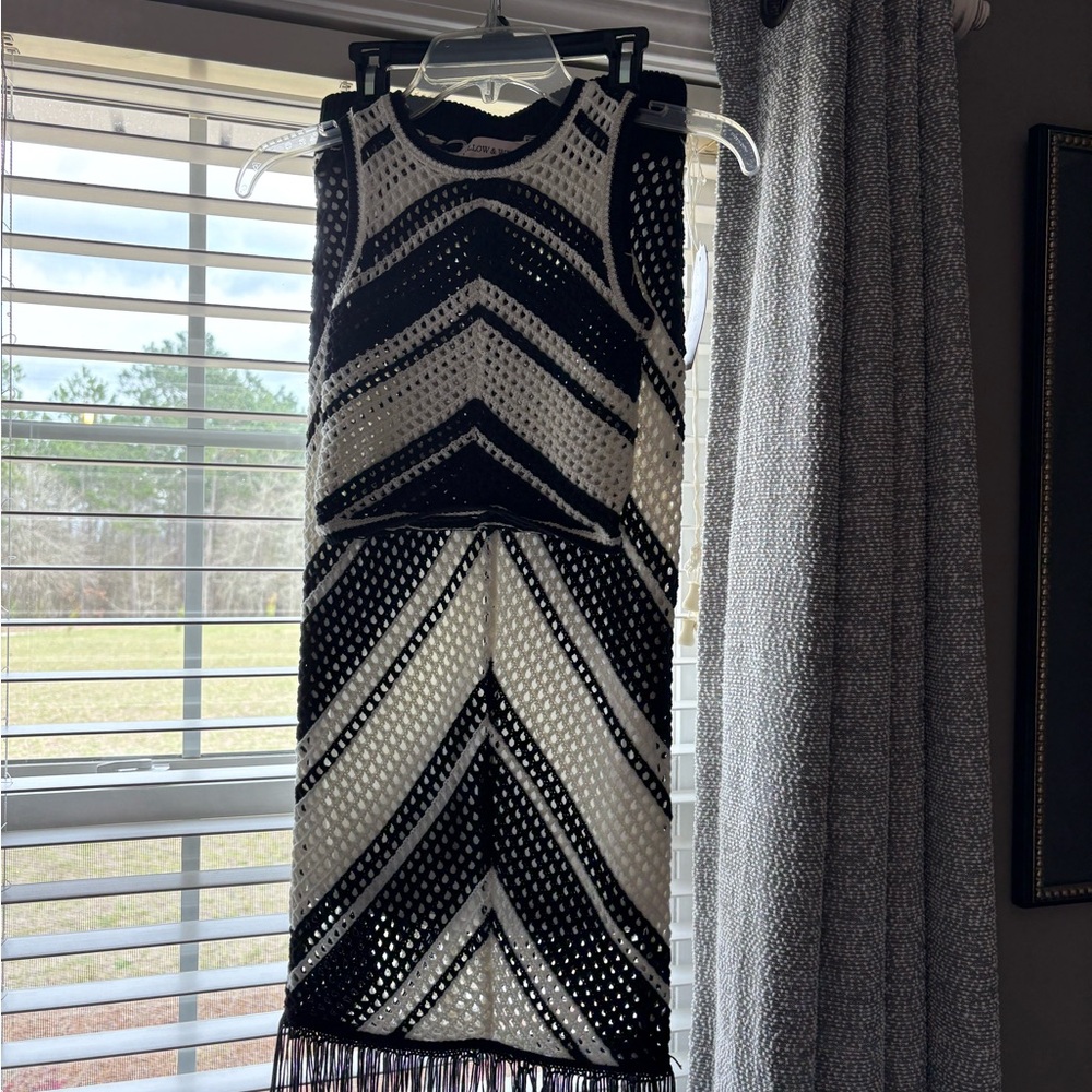 Willow Black & White Crochet Tank and Skirt Set with Fringe Hem